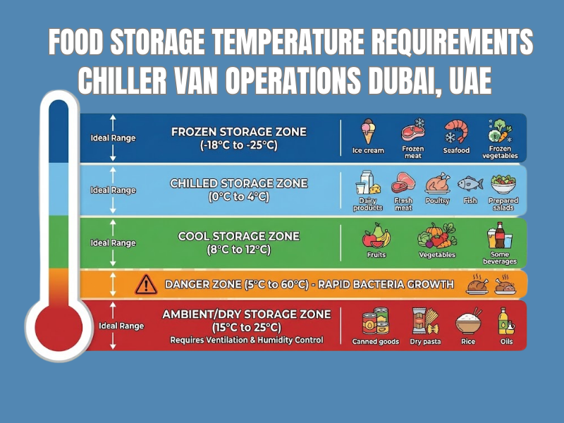 "Food storage temperature requirements chart for chiller van operations Dubai UAE