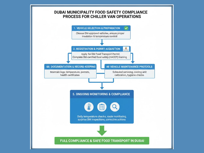 Dubai Municipality food safety compliance process flowchart for chiller van operations