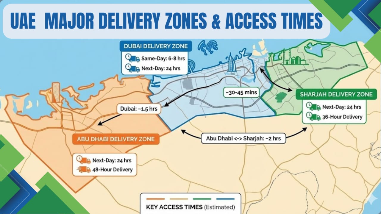 Map showing major delivery zones across Dubai, Abu Dhabi, and Sharjah with key access times