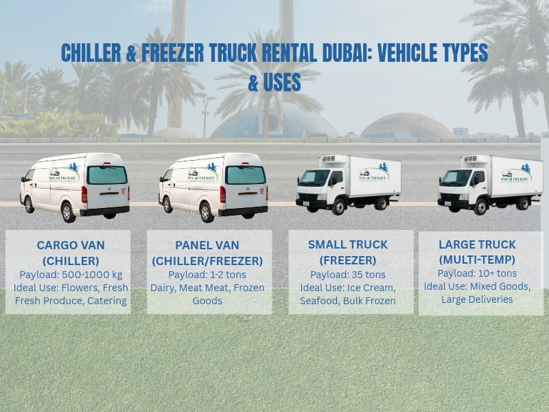 Types of chiller vans and freezer trucks available for rental in Dubai with specifications