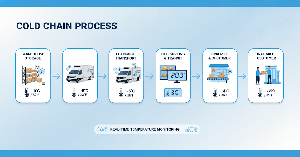 Cold chain process flow from warehouse to customer, showing temperature monitoring points