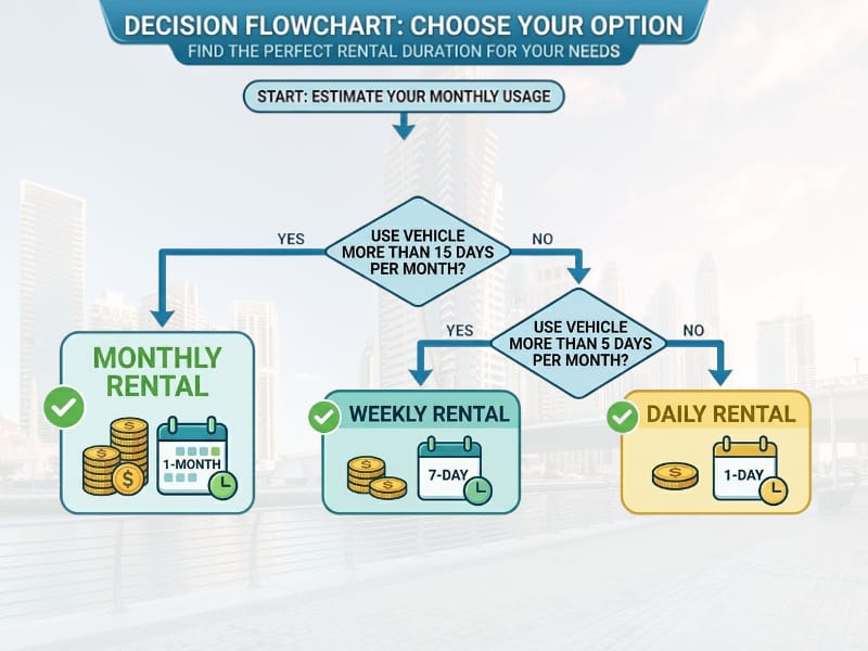 flowchart "Which Rental Duration?"  with questions and answers