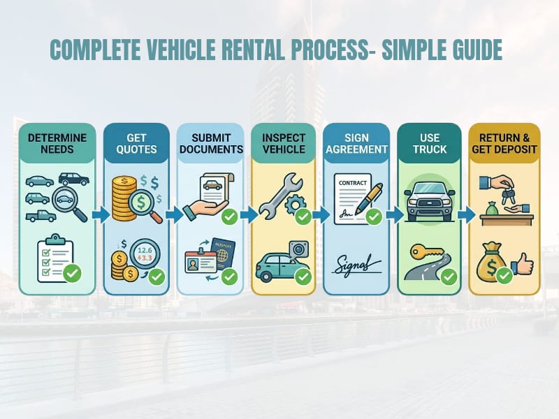7 boxes connected showing rental process