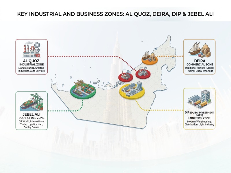 1 Ton Pickup for Rent in Dubai: Areas and Businesses That Need It 1 map highlighting key industrial & bussiness zone Al Quoz, Deira, DIP, & Jebel Ali