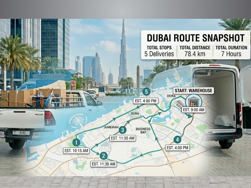 Dubai map with key delivery routes marked.